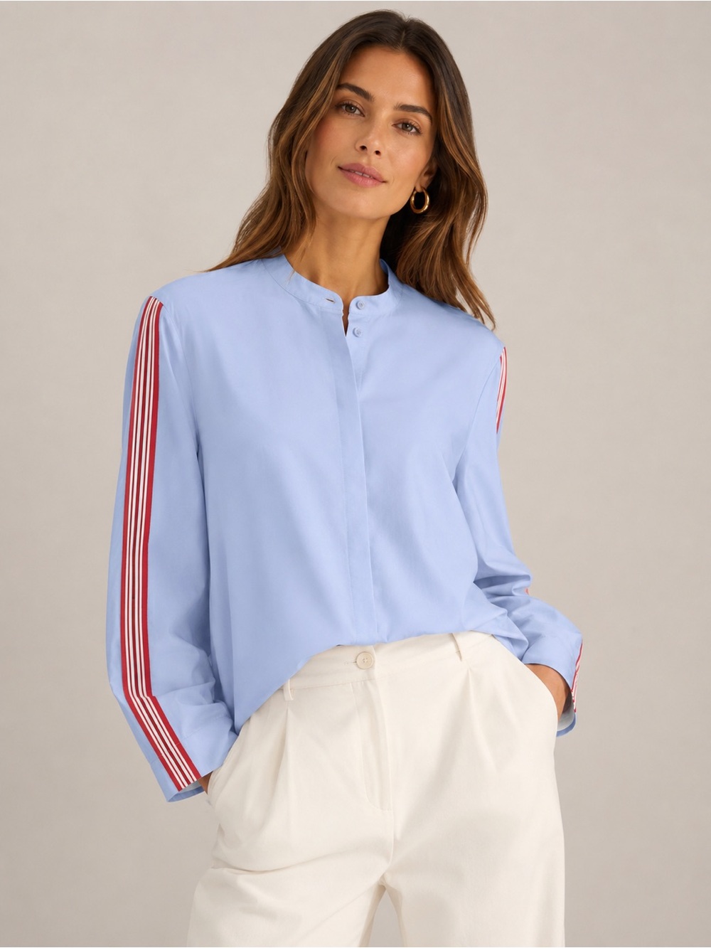 • Marella Sport • Women’s Button Down Collarless Shirt
Blue w Striped Sleeves Md